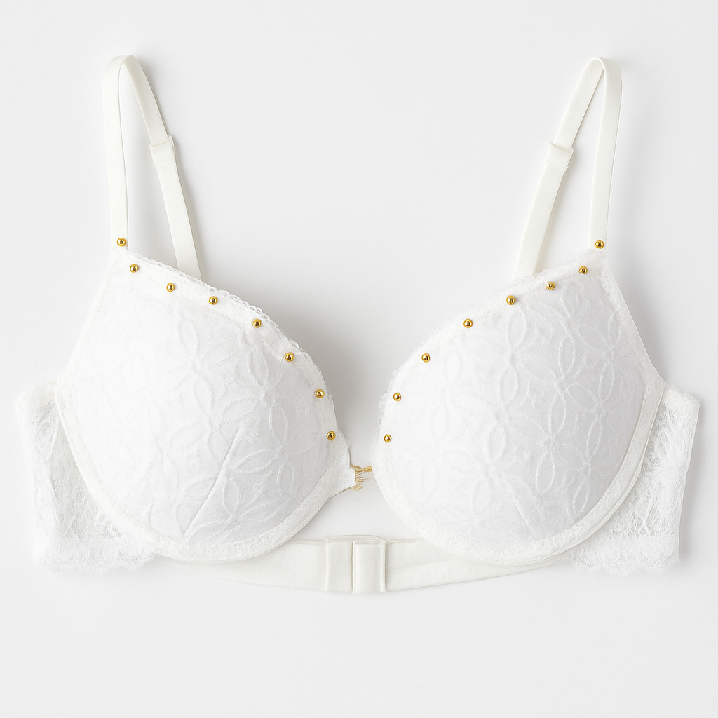 Women’s Secret White Embroidered Bra with Gold Bead Accents – Underwire & Light Padding