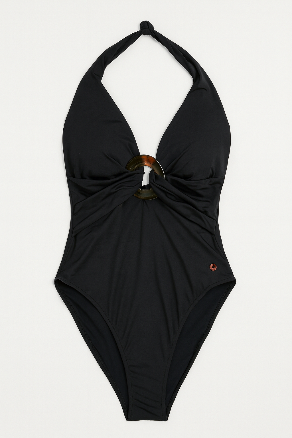 Women’s Secret Black Halter One-Piece Swimsuit with Tortoiseshell Ring