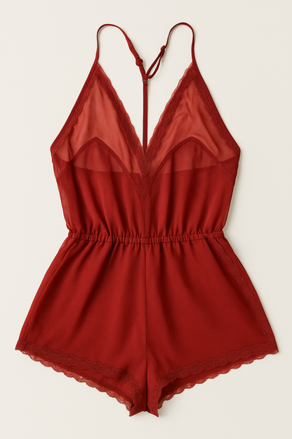 Women’s Secret Burgundy Lace Trim Sheer Romper