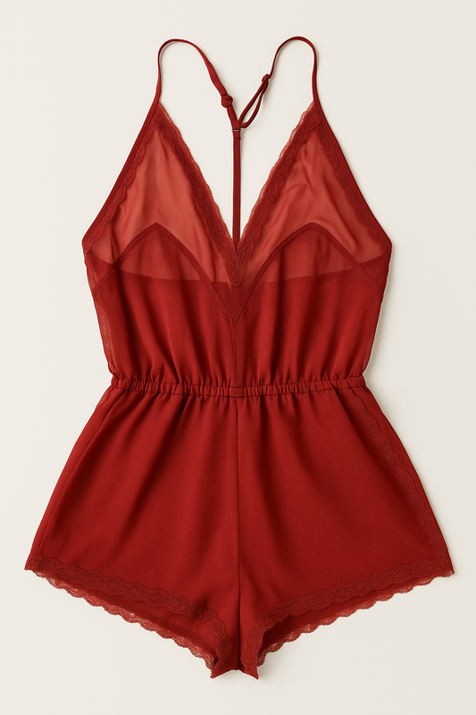 Women’s Secret Burgundy Lace Trim Sheer Romper
