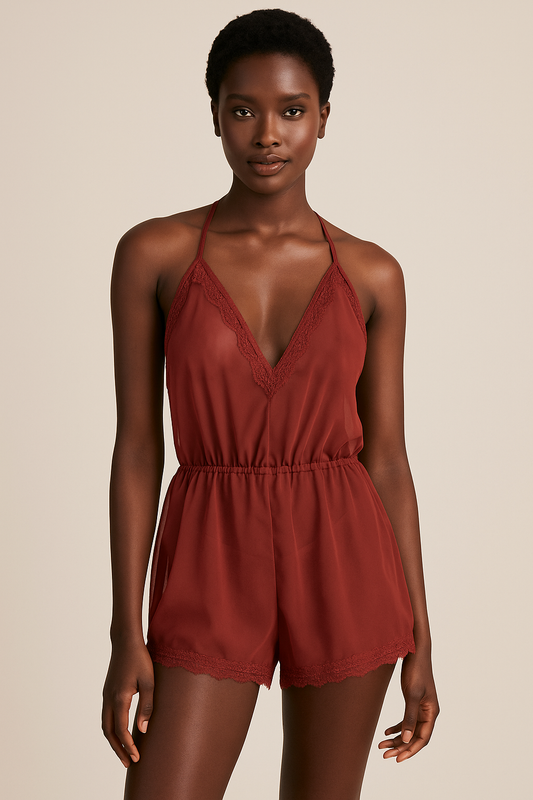 Women’s Secret Burgundy Lace Trim Sheer Romper