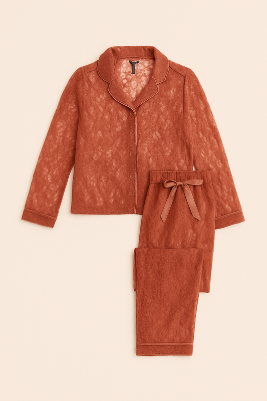 Women’s Secret Rust Lace Pajama Set with Satin Tie