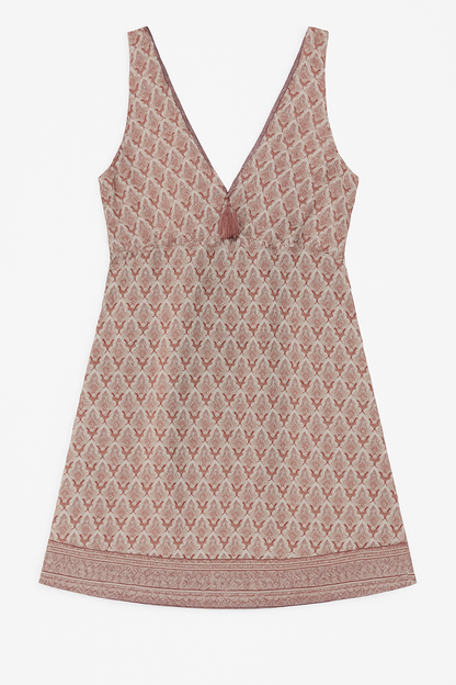 Boho Chic Sleeveless V-Neck Mini Dress – Earthy Leaf Print
