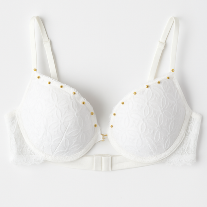 Women’s Secret White Embroidered Bra with Gold Bead Accents – Underwire & Light Padding