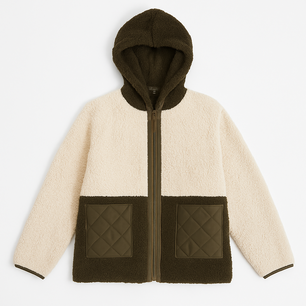 Two-Tone Sherpa Fleece Zip-Up Hoodie with Quilted Pockets – Women’s Casual Outerwear