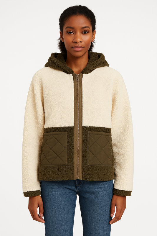 Two-Tone Sherpa Fleece Zip-Up Hoodie with Quilted Pockets – Women’s Casual Outerwear