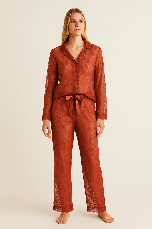 Women’s Secret Rust Lace Pajama Set with Satin Tie