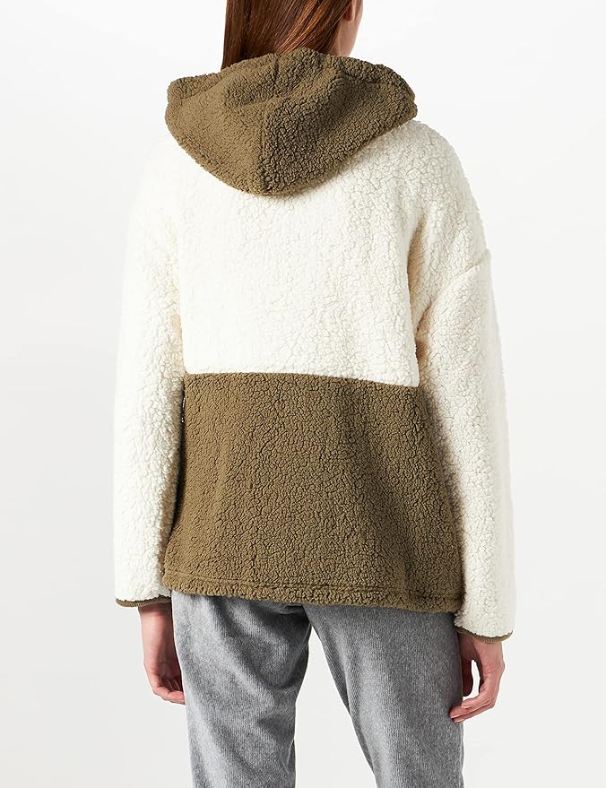 Two-Tone Sherpa Fleece Zip-Up Hoodie with Quilted Pockets – Women’s Casual Outerwear