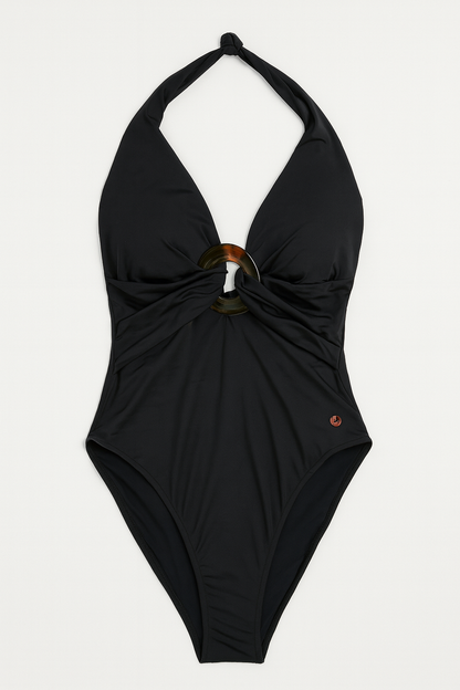 Women’s Secret Black Halter One-Piece Swimsuit with Tortoiseshell Ring