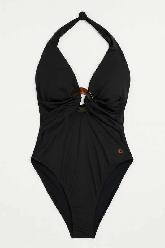 Women’s Secret Black Halter One-Piece Swimsuit with Tortoiseshell Ring