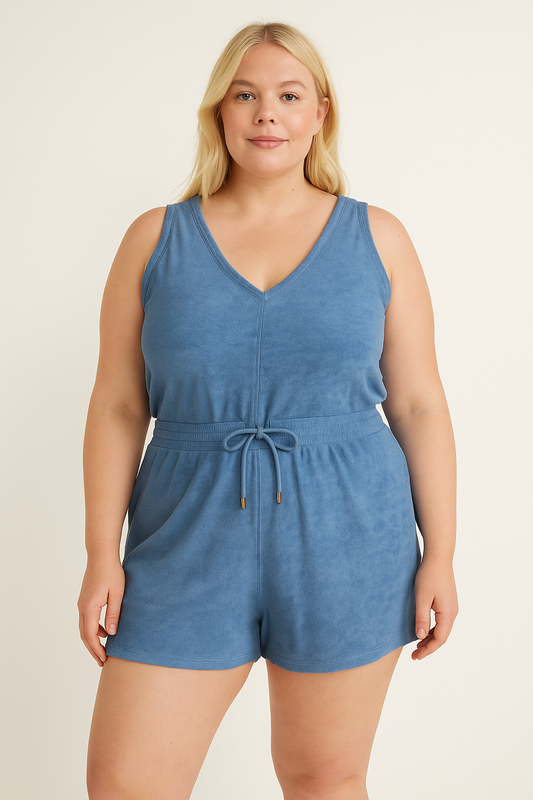 Women’s Secret Light Blue Terry Cloth Romper with Drawstring Waist